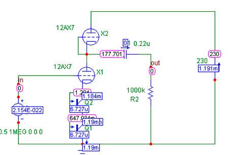 Схема лампового усилителя Grimmi в симуляторе Microcap 9